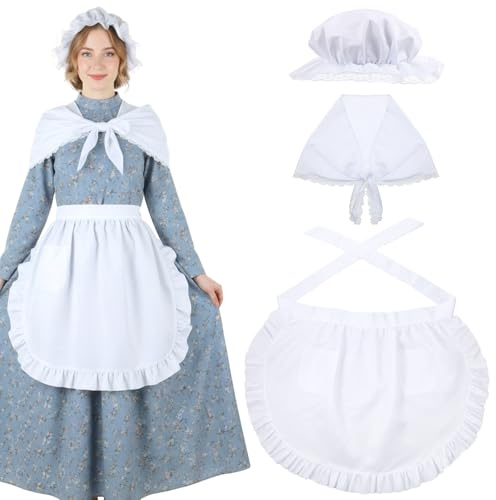 Tucnoeu 3 Pcs Halloween Colonial Costume Women Set: White Mob Cap Bonnet Shawl Waist Apron Pilgrim Costume Girls Cosplay