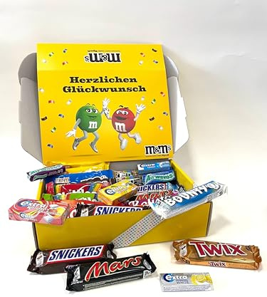 Süßigkeiten Box XXL Herzlichen Glückwunsch mit 24 Snacks I Mars I Snickers I Twix I Bounty I Airwaves I EXTRA I BE-KIND I M&M's uvm. I Schokolade I Kaugummi I Riegel I Geschenkidee