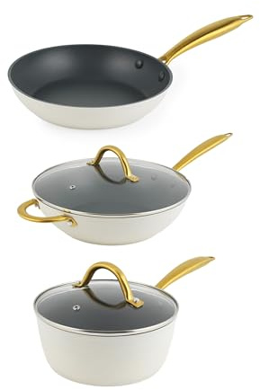 Salter Aerotech Pro 3-Piece Pan Set – 28 cm Wok, 20 cm Frying Pan, 20 cm Saucepan with Glass Lid, 30 x Tougher Non-Stick Coating*, Oven Safe, Induction Suitable, Metal Utensil Safe, Forged Aluminium