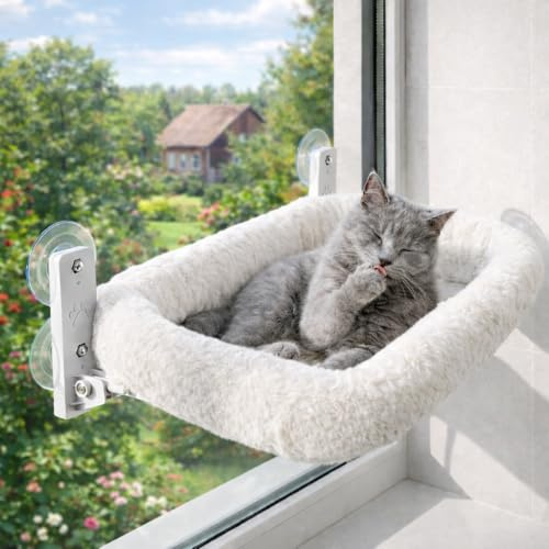 Hamac Chat Fenêtre avec Ventouses Renforcées – Lit Suspendu Réversible Été/Hiver – Perchoir Stable Jusqu’à 18 kg – Couchage Pliable en Hauteur – Taille L/XL – Blanc ou Gris (Blanc, Large)