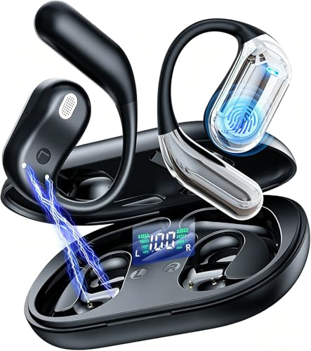 EUQQ Open Ear Kopfhörer Bluetooth 6.1 KI 50 Std Sport Kopfhörer für Laufen | mit Bequem Flexiblem Ohrhaken Doppel LED Ladebox 1std Schnellladung Open Ear Ohrhörer Smart Touch On Ear Sportkopfhörer