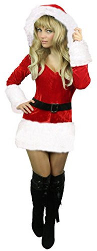 Yummy Bee Mrs Claus Costume Women Sexy Santa Outfit Adult Ladies Christmas Fancy Dress Red Velvet Hooded Mrs Claus Dress Plus Size Santa Costume Women Christmas Outfit Xmas UK 8-20 (8-10)