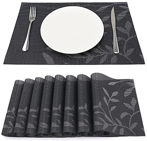 SueH Design Gewebte Platzsets Tischsets 8er Set Vinyl Hitzebeständig Platzdeckchen Antifouling und Waschbar 45 cm * 30 cm, Dunkle Blätter