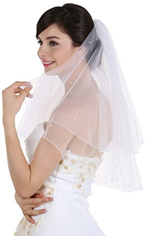 SAMKY Brautschleier, 2 Etagen, Bleistiftrand, Strass, Brautschleier, Hochzeitsschleier, Weiss/opulenter Garten, Elbow Length 30