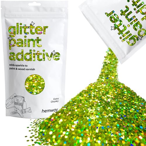 Hemway Glitter Paint Additive - Lime Green Holographic | Extra Chunky Metallic Flakes for Adding Sparkle to Paints & Wood Varnish | Add to Emulsion, Acrylic & Latex for Indoor Sparkly Walls | 100 g