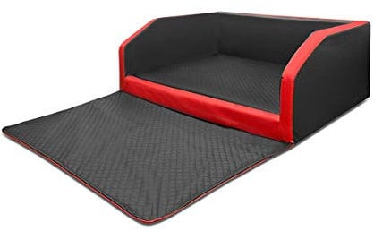 Mayaadi Home Premium Hundebett - 100 x 70 x 38 cm | Hochwertiger Autositz für Deinen Hund | Autohundebett mit Schutzdecke, Kofferraum Bett aus Kunstleder | Travel Duo Schwarz-Dunkelgrau - M