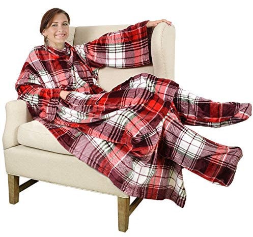 Catalonia Classy Wearable Blanket with Sleeves and Foot Pocket, Warm Gift for Sofa Lovers,Soft Fleece Blankets for Family, Cosy Blankets for Winter,190 x 135 cm Plaid Red
