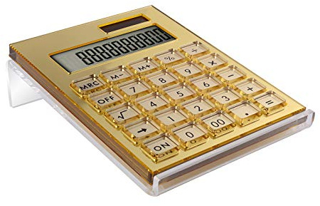 EXPUTRAN Acrylic Calculator with Stand, Battery and Solar Hybrid Powered Basic Calculator 12-Digit LCD Display, Home Office Desktop Accessories (Gold)