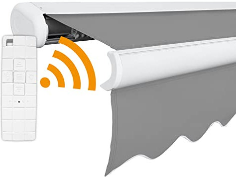 Arilco Elektrische Vollkassettenmarkise Kassettenmarkise Gelenkarmmarkise Markise Sonnenmarkise Sonnenschutz in vielen Farben und Größen wählbar in der Kassettenfarbe Weiss (5x3m Hellgrau)