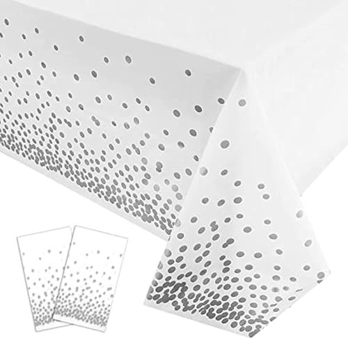 2Pcs 137*274cm White and Silver Disposable Table Cloth Table Covers,Party Dot Confetti Rectangular Tablecover Plastic Tablecloths for Picnic,Baby Shower,Wedding,Christmas,Birthday Parties Decor