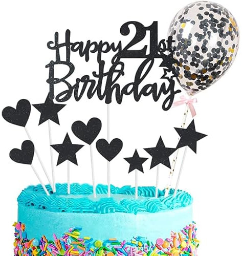 Personalised Happy Birthday Cake Toppers - Black for Girl, Boy, Her, Him - Glitter Cupcake Topper Cake Kit Topper for 21st Birthday Party