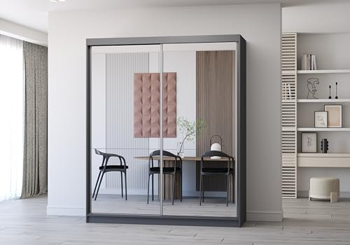 Fabryka Mebli Idźczak Kleiderschrank mit Spiegel, Schiebetüren - Schwebetürenschrank, Schlafzimmerschrank - 61 x 183 x 218 cm - Weiß, Grau Schrank für Schlafzimmer, Wohnzimmer, Garderobe