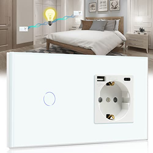 BSEED Interruptor con Enchufe USB,Schuko Enchufe con 1 Puerto Tipo C y 1 Puertos USB,1 Gang 2 Vías Interruptor de Luz con indicador LED,Blanco enchufes de extensión para Smartphone,Tableta,auriculares