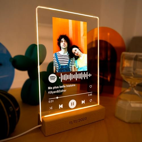 Panorama Placa Spotify Personalizada con Foto y Base de Luz Cálida o Fría - Diseño con Texto y Código escaneable de Canción - Regalo Boda, Comunión y Cumpleaños Mejores Amigos