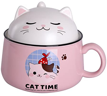 WHJY Cute Ramen Bowl Set,Kitty Ramen Bowl with Lid, Microwavable Ramen Cooker for Instant Ramen Noodles Soup Cups with Lid – 35 oz, Pink