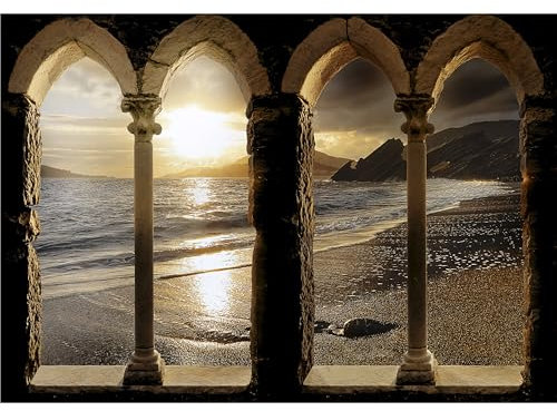 decomonkey Premium Fototapete Strand Meer Landschaft 300x210 cm XL Tapete Fototapeten Vlies Tapeten Vliestapete Wandtapete moderne Wandbild Wand Schlafzimmer Wohnzimmer Sonnenuntergang Architektur