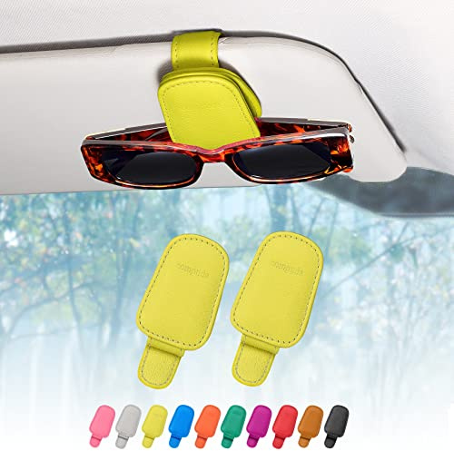 quipuda 2 Packs Sunglasses Holder for Car Sun Visor Accessories, Magnetic Geniune Leather Car Sunglass Holder, Glasses Clip for Automotive Eyeglass Hanger, Ticket Card Clip (Yellow)