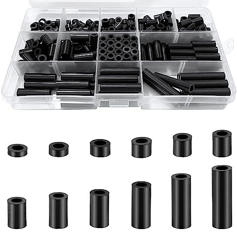 KWOKWEI 250 Stück Runde Abstandshalter, Kunststoff Distanzhülsen ID 4MM OD 7MM, Schwarz Nylon Unterlegscheiben ohne Gewinde, 3mm bis 12mm Länge Isolierung Beilagscheiben für Schrauben M4