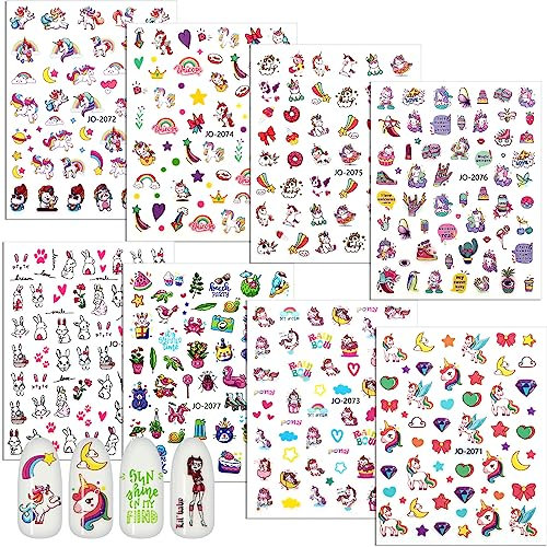 JSRQT 8 Blatt Einhorn Nagelaufkleber Abziehbilder,3D Nail Art Stickers Abziehbilder Set,Selbstklebend Nagelsticker für DIY Nagel Kunst Dekoration