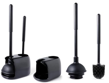 Eyliden 2 Pack Toilet Plunger and Brush Set, 3-Step Suction Cup Toilet Plunger and Bowl Brush Set with Holder, Toilet Plunger Brushes Combo with Caddy (2 Pack, Black)