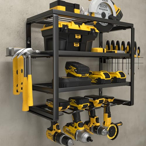 YYR 4 Tier Wall Mounted Power Tool Rack Cordless Storage Battery Tool Storage with Charging Station Garage Workshop Organization Pegboard 16 Inch 4 Slots