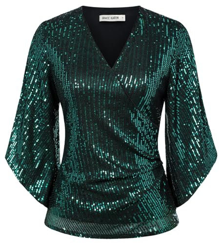 Damen Pailletten Glitzer Bluse Langarm V-Ausschnitt Shirt Slim Fit Tunika Elegant Casual Schwarz mit Pailletten Grün M
