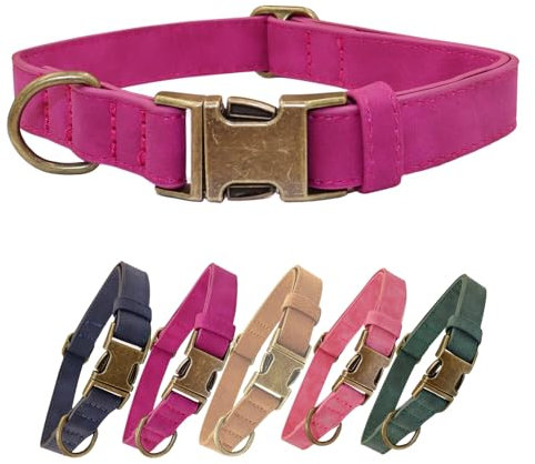 THAIN Soft Leather Dog Collar, Heavy Duty Metal Buckle Padded Dog Collar Quick Release, Adjustable Pet Collar for Small Medium Large Dogs Breeds (Hot Pink, M)