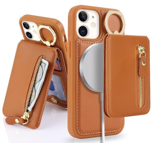 SailorTech iPhone 12 Mini Phone Leather Case with Credit Card Holder Magsafe, iPhone 12 Mini Case Ring Stand with Kickstand Card Slots Wallet Detachable 2-in-1 Zipper Case - Brown