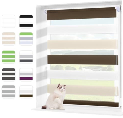 Wudomi Doppelrollo Klemmfix ohne Bohren Weiß-Beige-Braun 110x210cm(BxH),Lichtdurchlässig und Verdunkelnd Duo Rollo,Klemmrollo Seitenzugrollo für Schlafzimmer, Badezimmer, Wohnzimmer Fenster und Tür