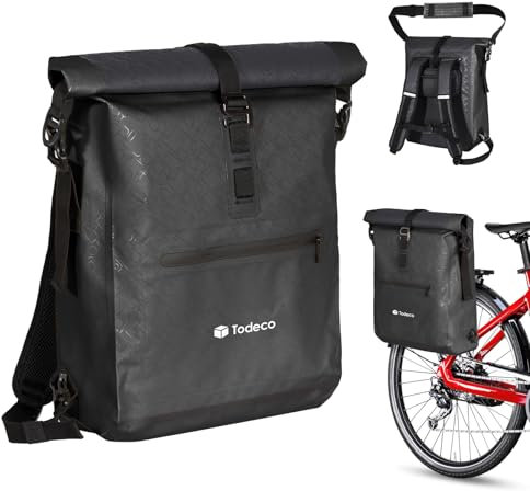 Todeco Sac à Dos de Vélo 3 en 1 (20L), Sacoche Porte-Bagage arrière de vélo, Sac à Dos étanche et Sacoche Bandoulière, Imperméable & Réfléchissante, Compartiment Ordinateur, Noir