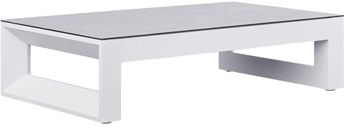 SYD Mesa Auxiliar de Centro para jardín. 140cm. Aluminio Blanco y encimera de Cristal cerámico. Primera Calidad. Alta Resistencia a la Intemperie