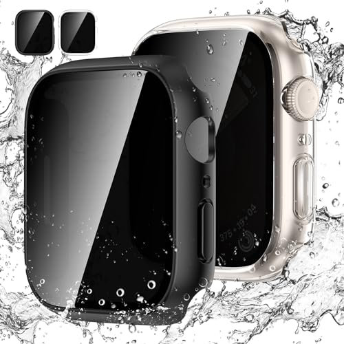 [2Pezzi] Kamita Custodia per Apple Watch Serie 9/8/7 41mm con Protezione Dello Schermo in Vetro Temperato per la Privacy, Impermeabile Duro PC Bumper Case Anti-spy Cover per iWatch 41mm (Chiaro+Nero)