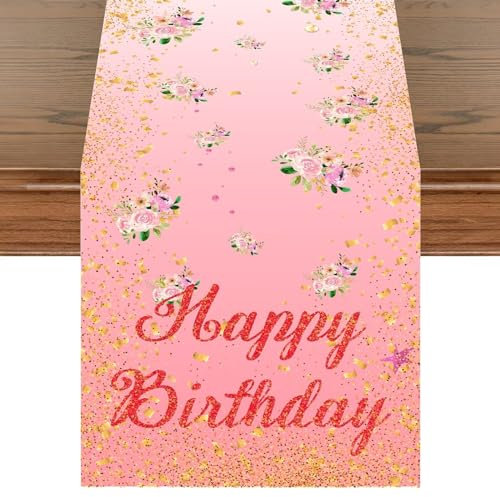 Table Geburtstag Tischläufer Rosegold, Tischläufer Geburtstag Tischdeko Geburtstag, Happy Birthday Tischläufer Tischdecke, Tisch Deko Geburtstag für Mädchen Frauen Geburtstag Dekoration, 180 x 35 cm