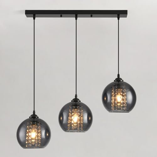 JHYPVII Glas Pendelleuchte Esstisch 3 Flammig Schwarz Metall Esszimmerlampe Hängend Rauchgrau Glaskugel Pendellampe Höhenverstellbar mit Kreative Kristall Design E27 Hängelampe für Küchen Wohnzimmer