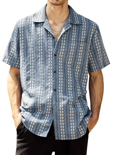 JOGAL Mens Summer Jacquard Cuban Guayabera Shirts Short Sleeve Casual Button Down Hawaiian Beach Shirts Navy X-Large