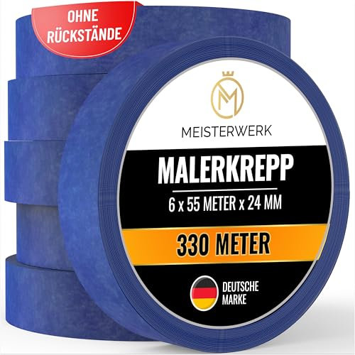 MEISTERWERK Malerkrepp für Malerarbeiten - (OHNE RÜCKSTÄNDE) - 330 Meter Kreppband (24mm Breite) - Rutschfestes Abklebeband für sauberes Renovieren, Streichen & Lackieren