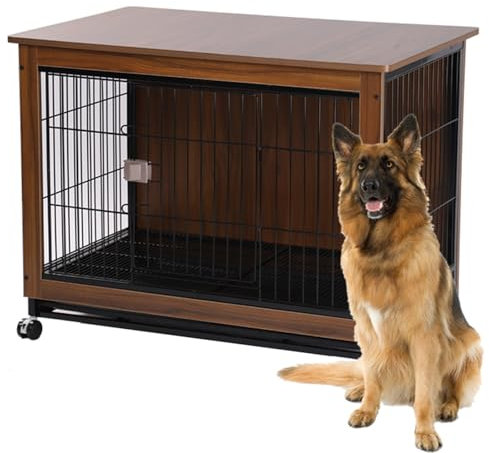 Hundekäfig Möbel, Hundebox Hundekäfig Für Zuhause Mit Rädern Beistelltisch Moderne Hundehütte Indoor Hundegitterbox Herausnehmbares Tablett Für Kleine Mittlere Hunde,Braun,38.6Lx25.2Wx30.1H