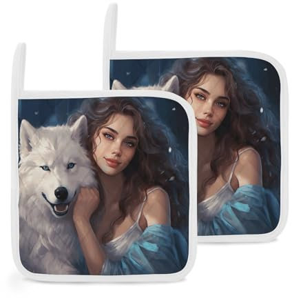 Princess and Wolf Topflappen, Set mit 2 hitzebeständigen verdickten heißen Pads mit Schlaufe, wasserdicht, langlebig, Topflappen für Mikrowelle, Kochen, Backen, Ofen, Grillen, 20,3 x 20,3 cm
