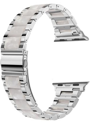 Fizdvsts Compatible with Apple Watch Band Resin Metal Wristbands, Women's Strap Fashion Chain Bracelet for iWatch Series 8 7 6 SE 5 4 3 2 1 Ultra, 42mm 44mm 45mm 49mm, Silver
