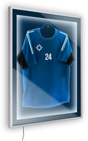 Bildershop-24 Objektrahmen Trikotrahmen aus Massivholz beleuchtet für Objekte bis 15mm VARIO36 3D inkl. Bügel, LED-Leiste und Passepartout 70x90cm Silber matt (lackiert)