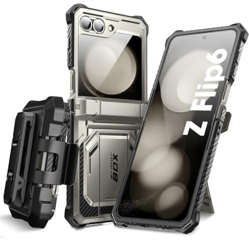 i-Blason Cover per Samsung Galaxy Z Flip 6 con Supporto, [Protezione Schermo Integrata] [Protezione Cerniera] [Clip da Cintura], Custodia Protettiva Militare per tutto il corpo (Grigio Titanio)