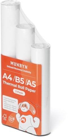 MUNBYN 3 Rollen Thermopapier A4+A5+B5 für ITP01/ ITP04, Thermopapier A4, kompatibel mit Thermodrucker, Weiß