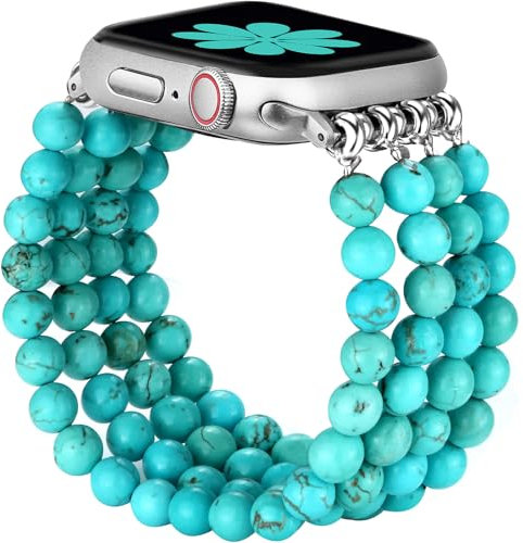 JR.DM Naturstein Armband Kompatibel mit Apple Watch Armband 38mm 40mm 41mm 42mm 44mm 45mm 46mm Elegant Komfortabler Handgefertigter Elastischer iWatch Uhrband für Series 10/9/8/7/SE/6/5/4/3/2/1 Damen