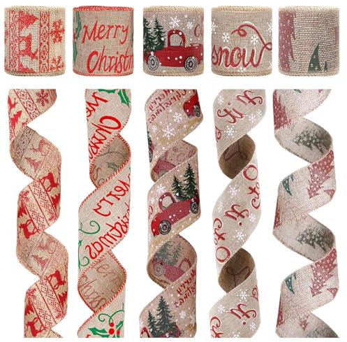 CINGHIA Ruban Noel 5 Rouleaux,Jute Rouleau de Rubans Cadeaux avec Flocon de Neige d'arbre Elk,Large Ruban Cadeau Noel pour Artisanat Couronnes Décoration et Emballage Cadeau