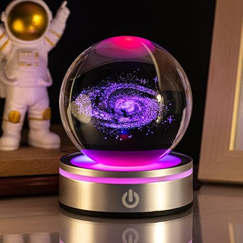GAESHOW Sfera di Cristallo 3D, 8cm/3.15in Lampada a Sfera di Cristallo a Forma di Galassia della Via Lattea, Pianeti Sfera di cristallo con Base Lampada a LED, Regali Decorativi (Rosso)