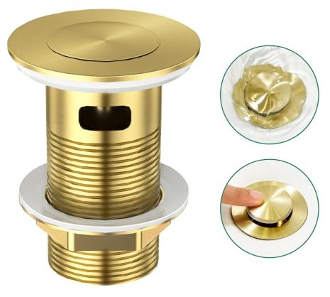 CREA Tapón de Lavabo, Desagüe para Lavabo con Rebosadero, Tapones de Desagüe Lavabo Pop-Up, Válvula Desagüe Lavabo Universal, Válvula Lavabo Click-Clack,Dorado cepillado