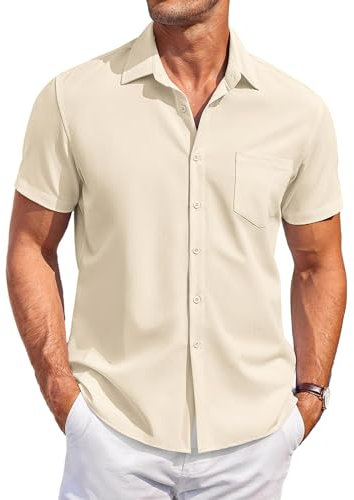 COOFANDY Hommes Chemise Manches Courtes Casual Chemise de Plage Regular Fit Classique Solid Shirt Chemises Décontractée'été avec Poche Regular Fit Beige M
