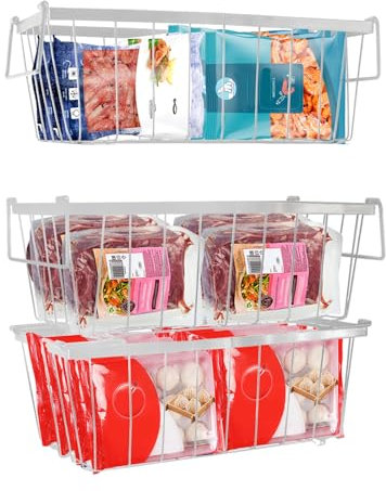 Chest Freezer Baskets,3 Pack Stackable Freezer Organizer Bin for Chest Freezer ,Hanging Metal Refrigerator Storage Rack with Handles,Chest Freezer Organization for Kitchen,13.38x6.8x5.5in (White 3pcs)