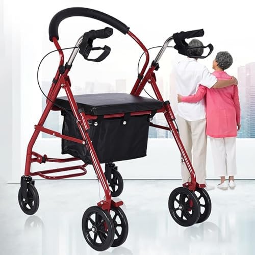 Generisch Rollatoren, Verstellbarer Steh-Gehwagen, Rollator mit Vier Rädern, aufrechter Gehwagen für Senioren mit Sitz und Aufbewahrungskorb, 61 x 68 x 85 cm, Rot