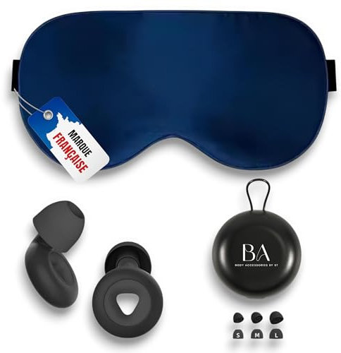 BODYSLEEP Confort Plus | Kit Masque de Nuit en soie Hypoallergénique pour les Yeux et Bouchons d'Oreilles en Silicone pour dormir | Confortable, Doux, Respirant, Réglable - Idéal Sommeil Nuit & Voyage